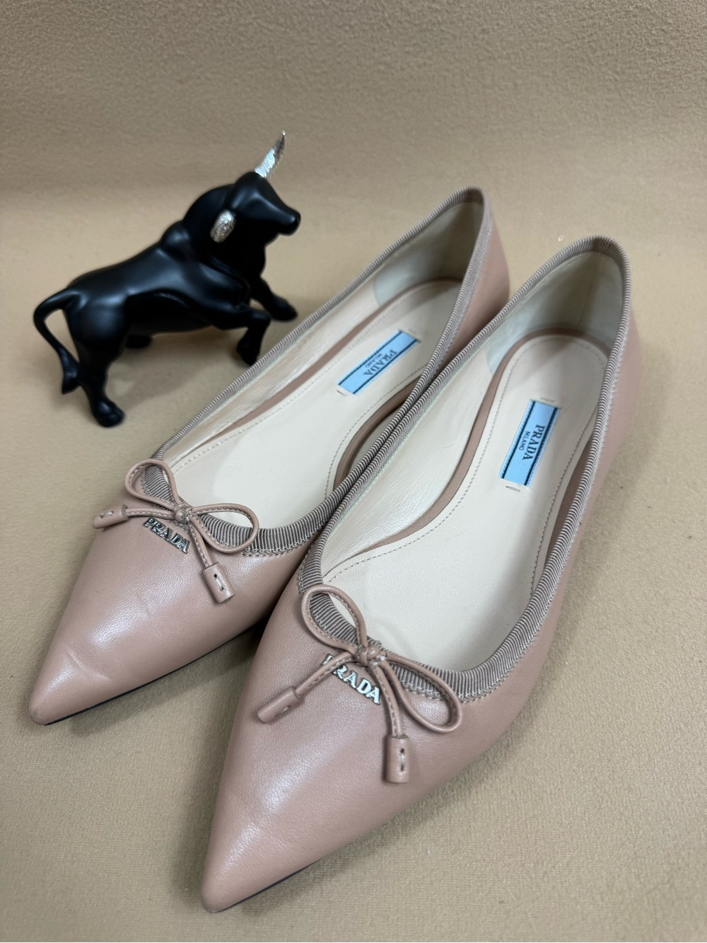 Prada Blush Nude Pointed-Toe Leather Ballet Flats with Bow